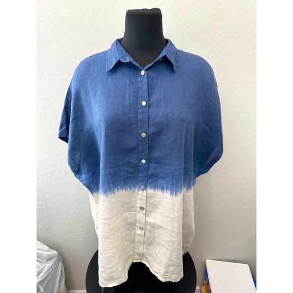 FABULOUS! | 100% Linen Blue Tan Ombre Beach Oversized Button Down Shirt | XL - Picture 2 of 7